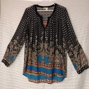 Anthropologie Meadow Rue Long Sleeve Print Tunic Hi Low Hem V-Neck 1/4 Button